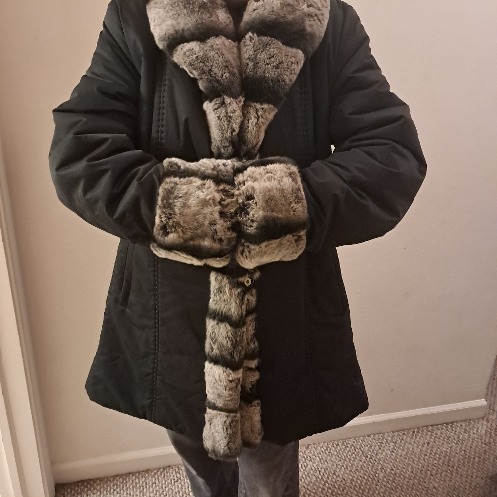Women's Genuine Rex Rabbit Trim Coat Women's XL Black Gray Winter Cozy Luxury